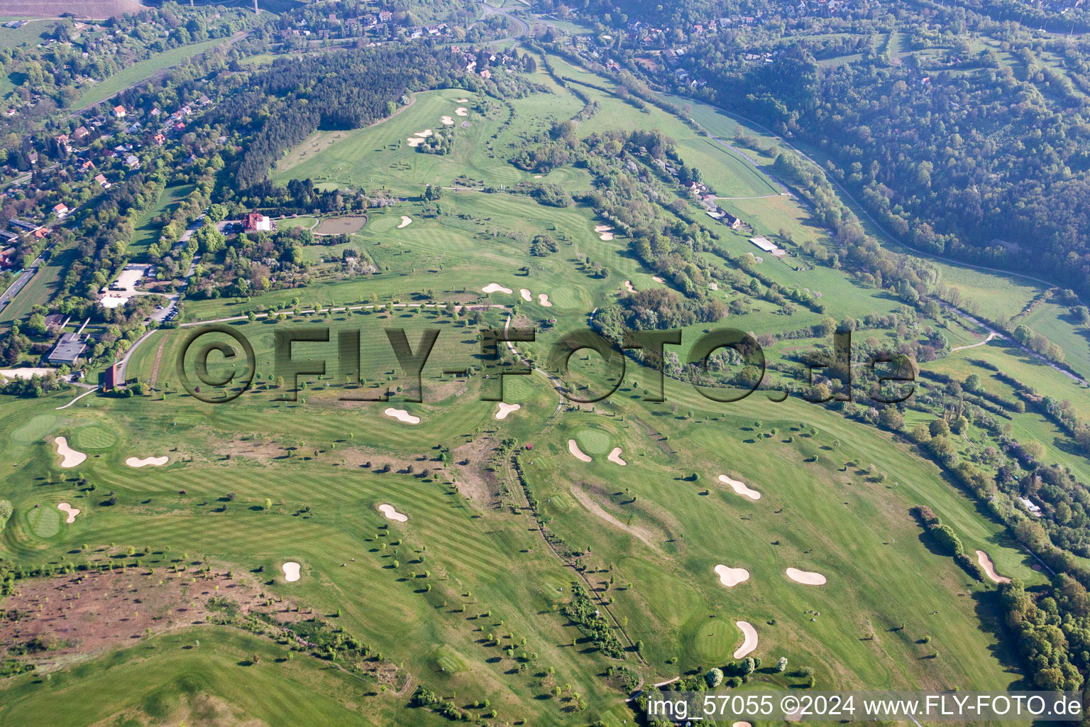 Aerial view of Grounds of the Golf course at of Golf Club Wuerzburg e.V. in the district Heidingsfeld in Wuerzburg in the state Bavaria, Germany