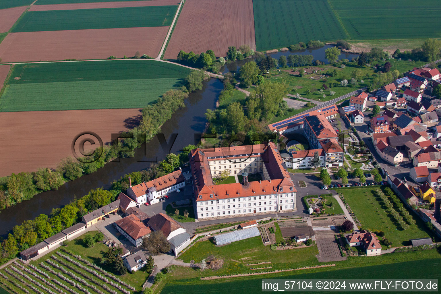 Aerial view of Complex of buildings of the monastery Maria help in Roethlein in the state Bavaria