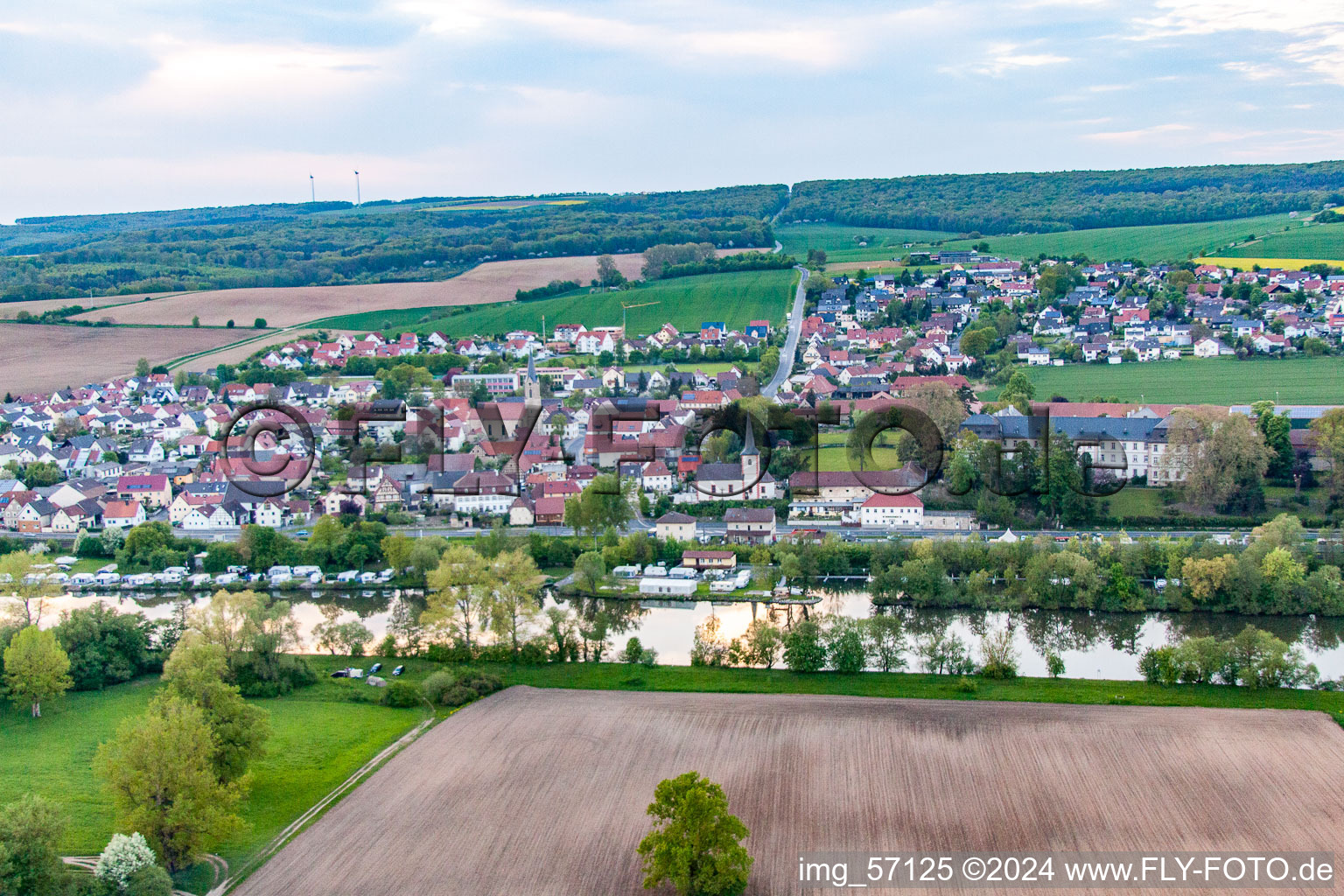 Aerial view of View from across the Main in the district Obertheres in Theres in the state Bavaria, Germany