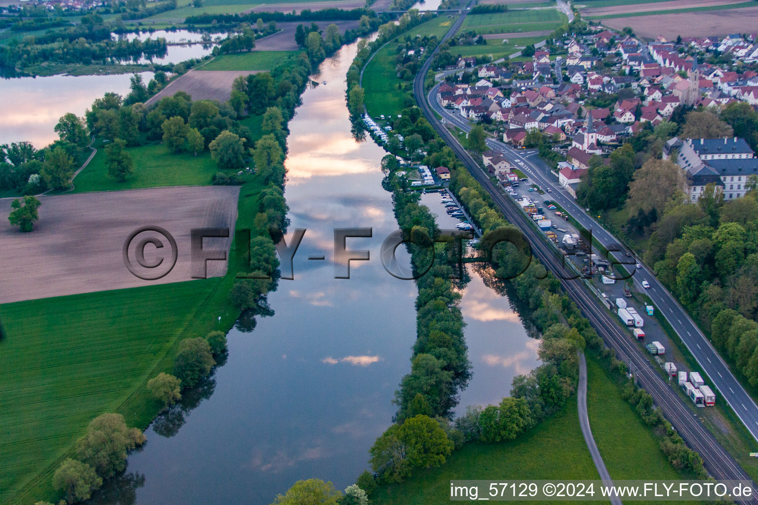 Motorclub Obertheres on the banks of the Main at sunset in the district Obertheres in Theres in the state Bavaria, Germany