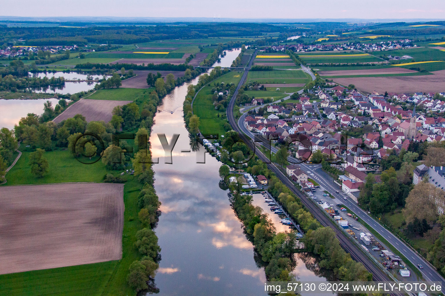 Aerial view of Motorclub Obertheres on the banks of the Main at sunset in the district Obertheres in Theres in the state Bavaria, Germany