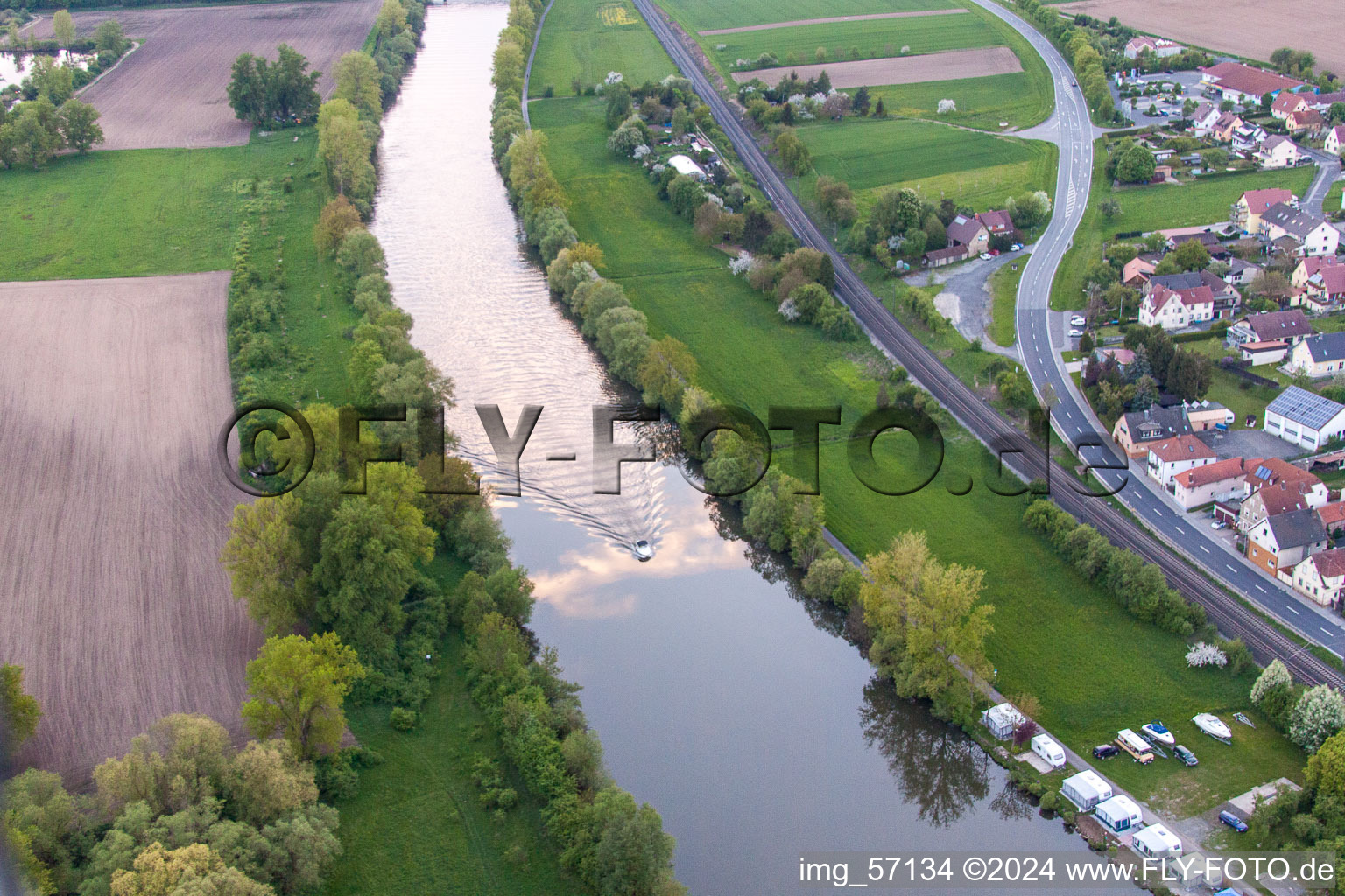 Sports boat on the Main in the district Obertheres in Theres in the state Bavaria, Germany