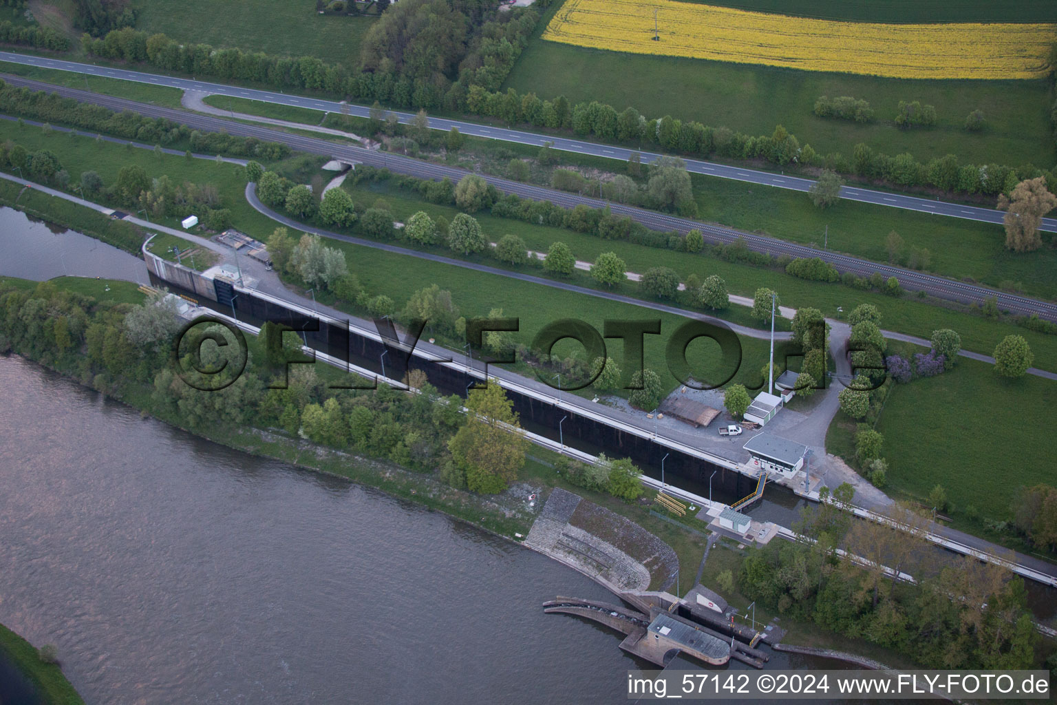 Aerial view of Groyne head of the Main river course in Gaedheim in the state Bavaria