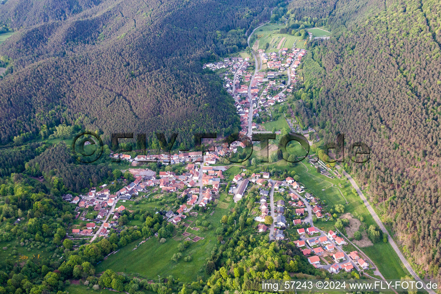 Aerial photograpy of Village - view on the edge of agricultural fields and farmland in Spirkelbach in the state Rhineland-Palatinate, Germany