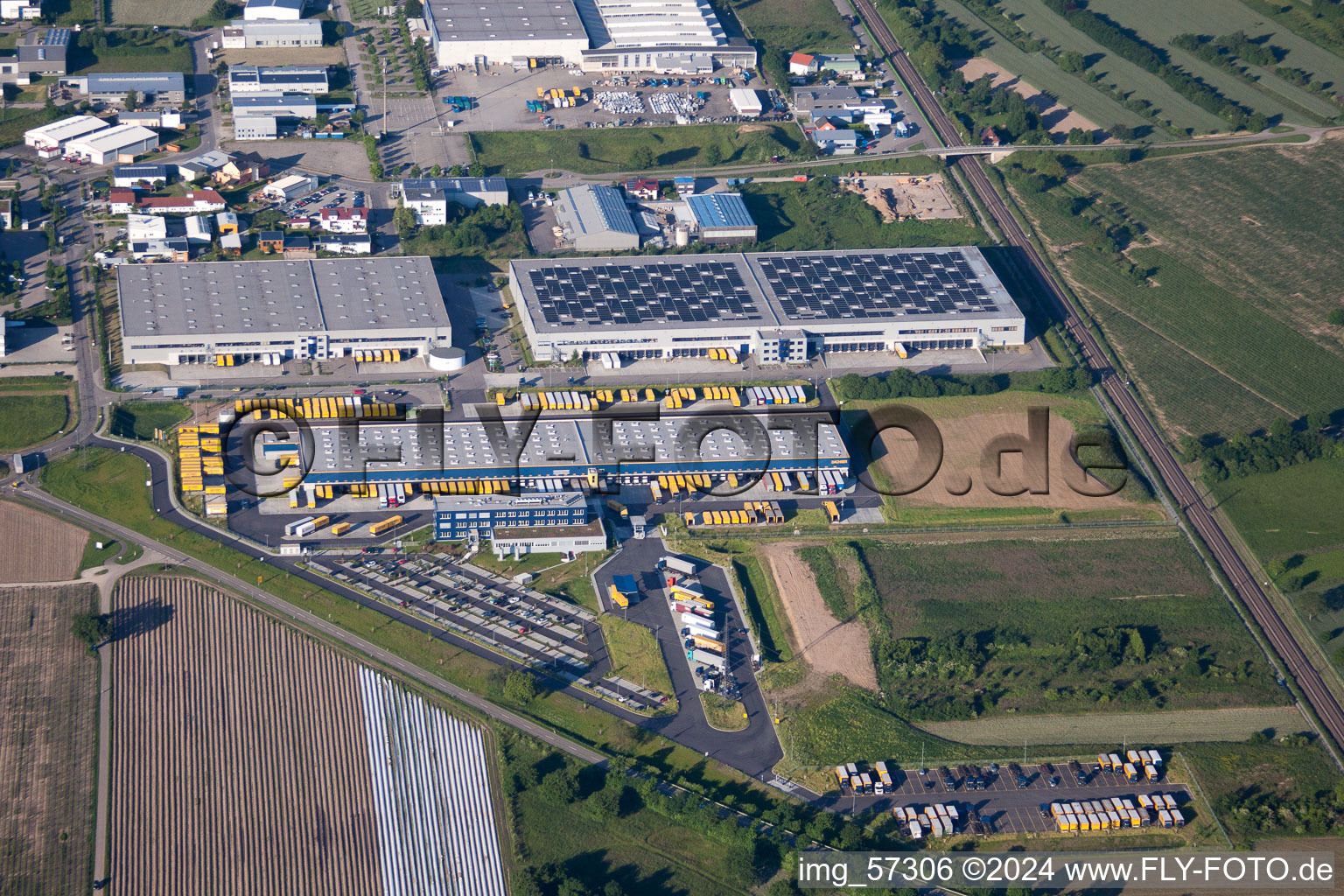 Warehouses and forwarding building of Dachser GmbH & Co.KG in Malsch in the state Baden-Wurttemberg viewn from the air