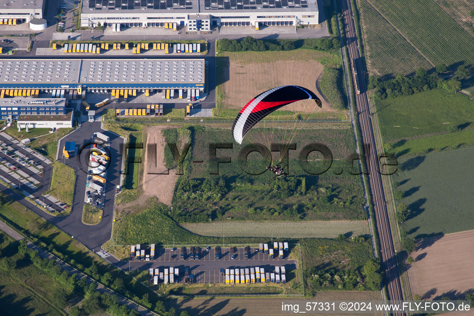 Aerial view of Malsch, industrial area in Muggensturm in the state Baden-Wuerttemberg, Germany