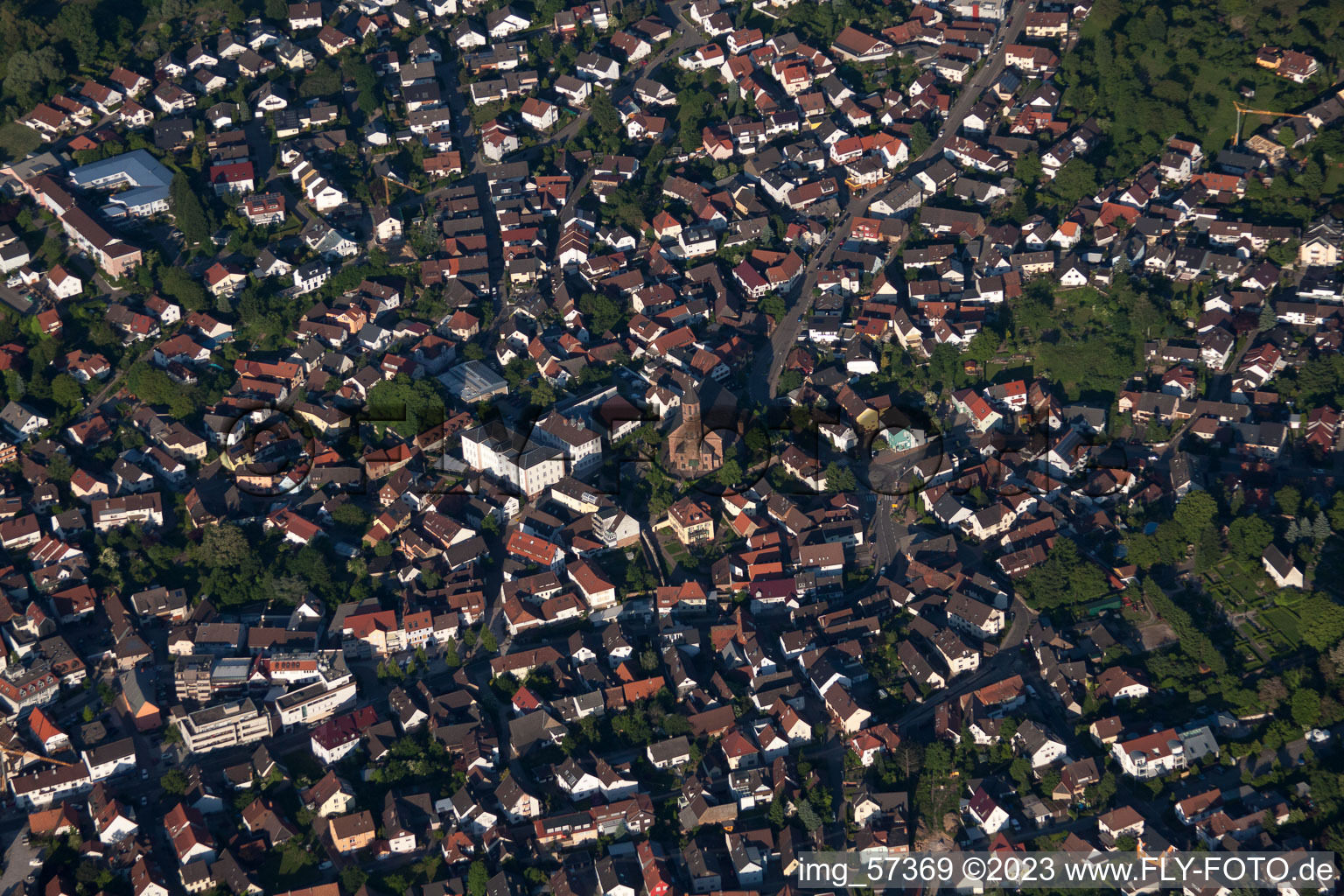 Aerial view of St. Cyriak from the west in Malsch in the state Baden-Wuerttemberg, Germany
