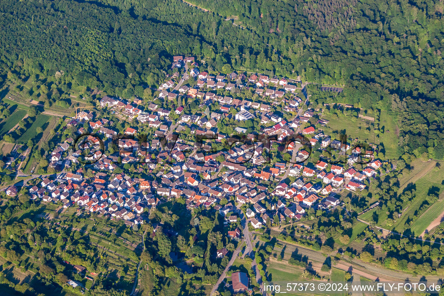 Aerial photograpy of Village - view on the edge of agricultural fields and farmland in Sulzbach in the state Baden-Wurttemberg, Germany