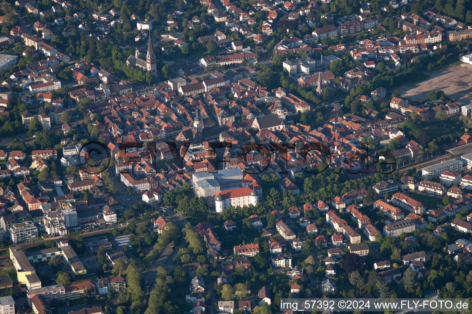 Aerial view of Old town from the southwest in Ettlingen in the state Baden-Wuerttemberg, Germany