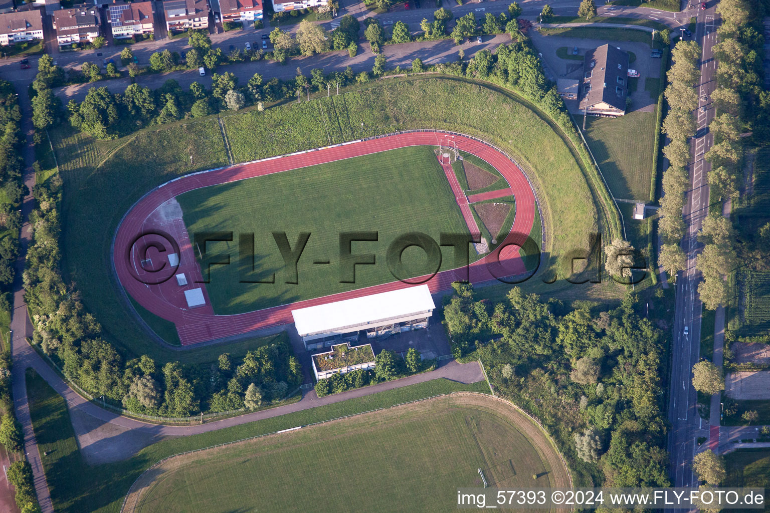 Aerial view of Albgau Stadium in Ettlingen in the state Baden-Wuerttemberg, Germany