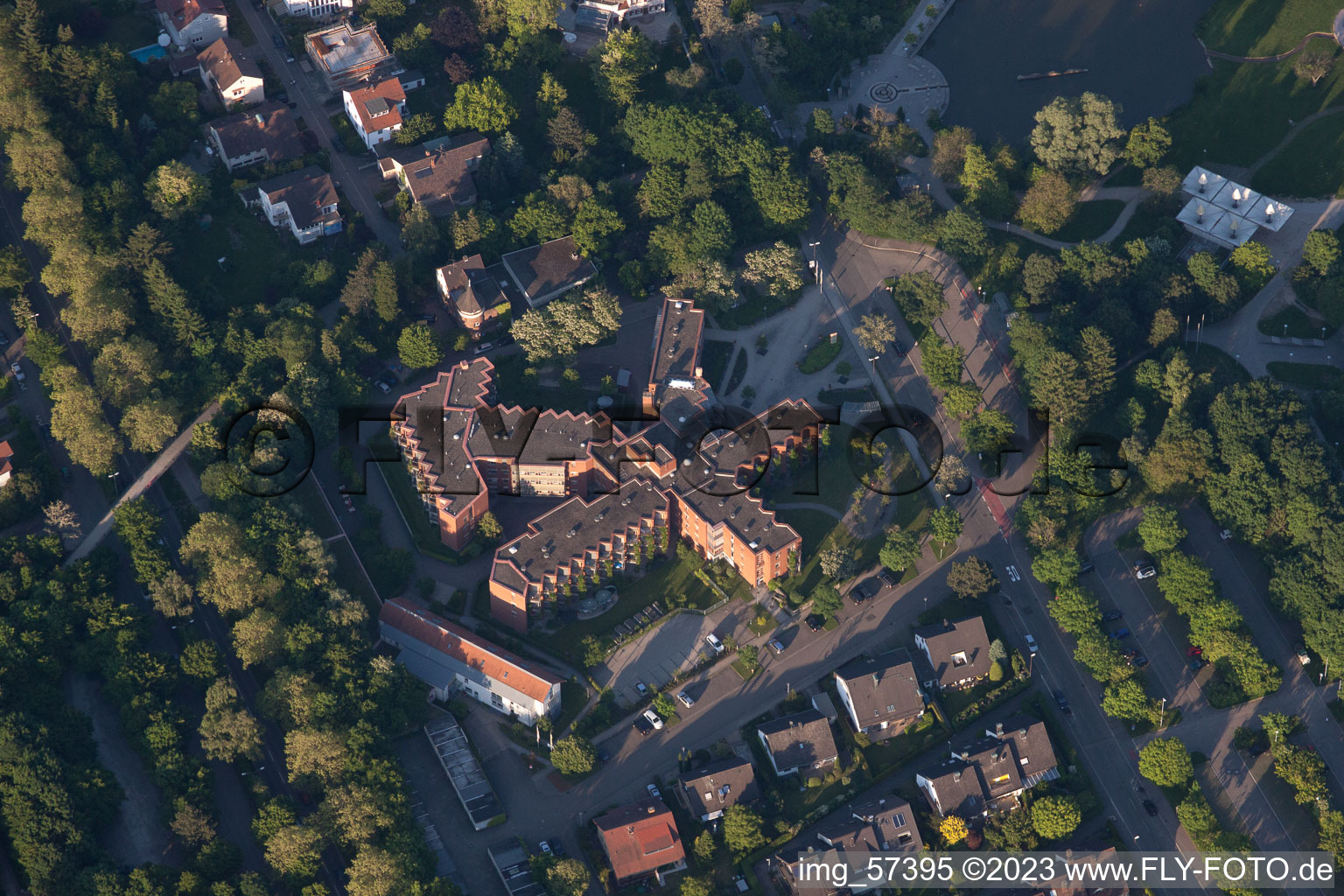 Aerial photograpy of Caritas senior center at Horbachpark in Ettlingen in the state Baden-Wuerttemberg, Germany