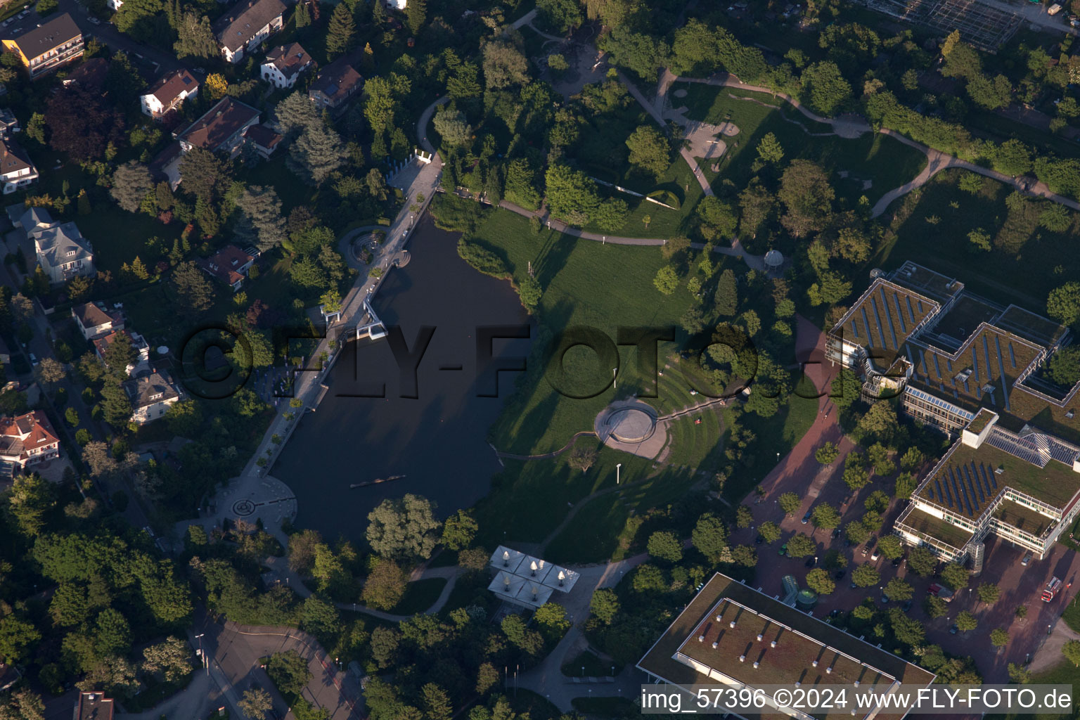 Aerial view of Albgauhalle at Horbachpark and Horbachsee in Ettlingen in the state Baden-Wuerttemberg, Germany