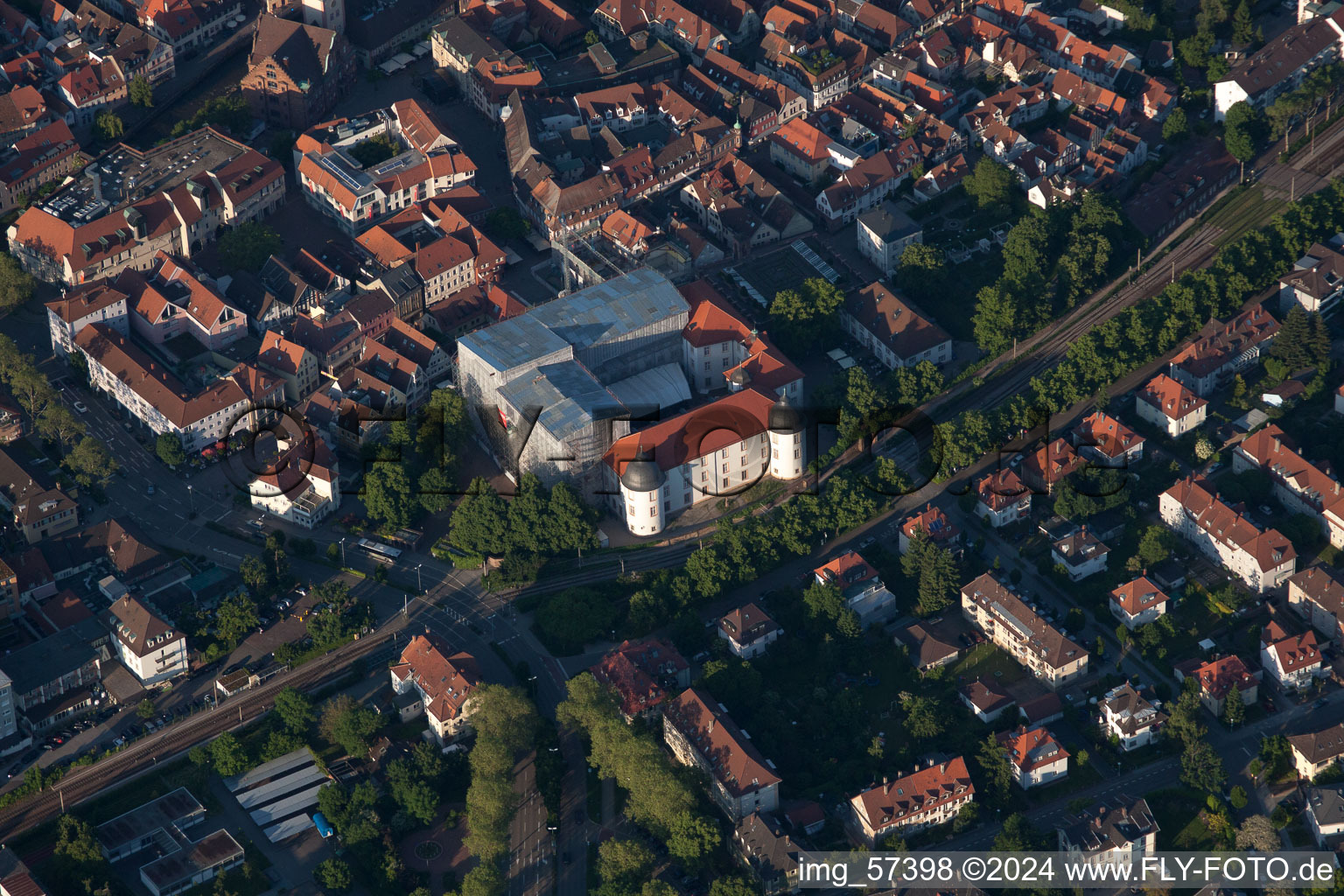 Aerial view of Wrapped Castle in Ettlingen in the state Baden-Wuerttemberg, Germany