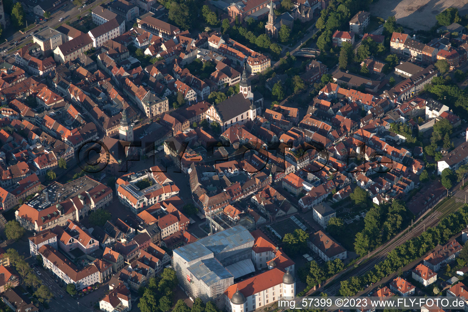 Aerial photograpy of Old town from the southwest in Ettlingen in the state Baden-Wuerttemberg, Germany