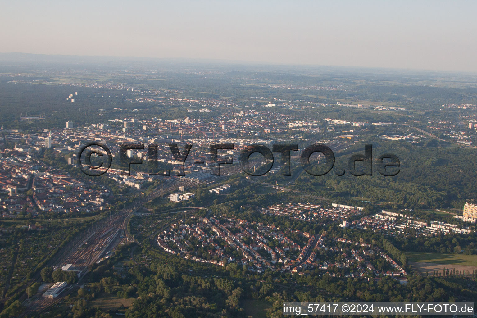 Oblique view of From the south in the district Weiherfeld-Dammerstock in Karlsruhe in the state Baden-Wuerttemberg, Germany