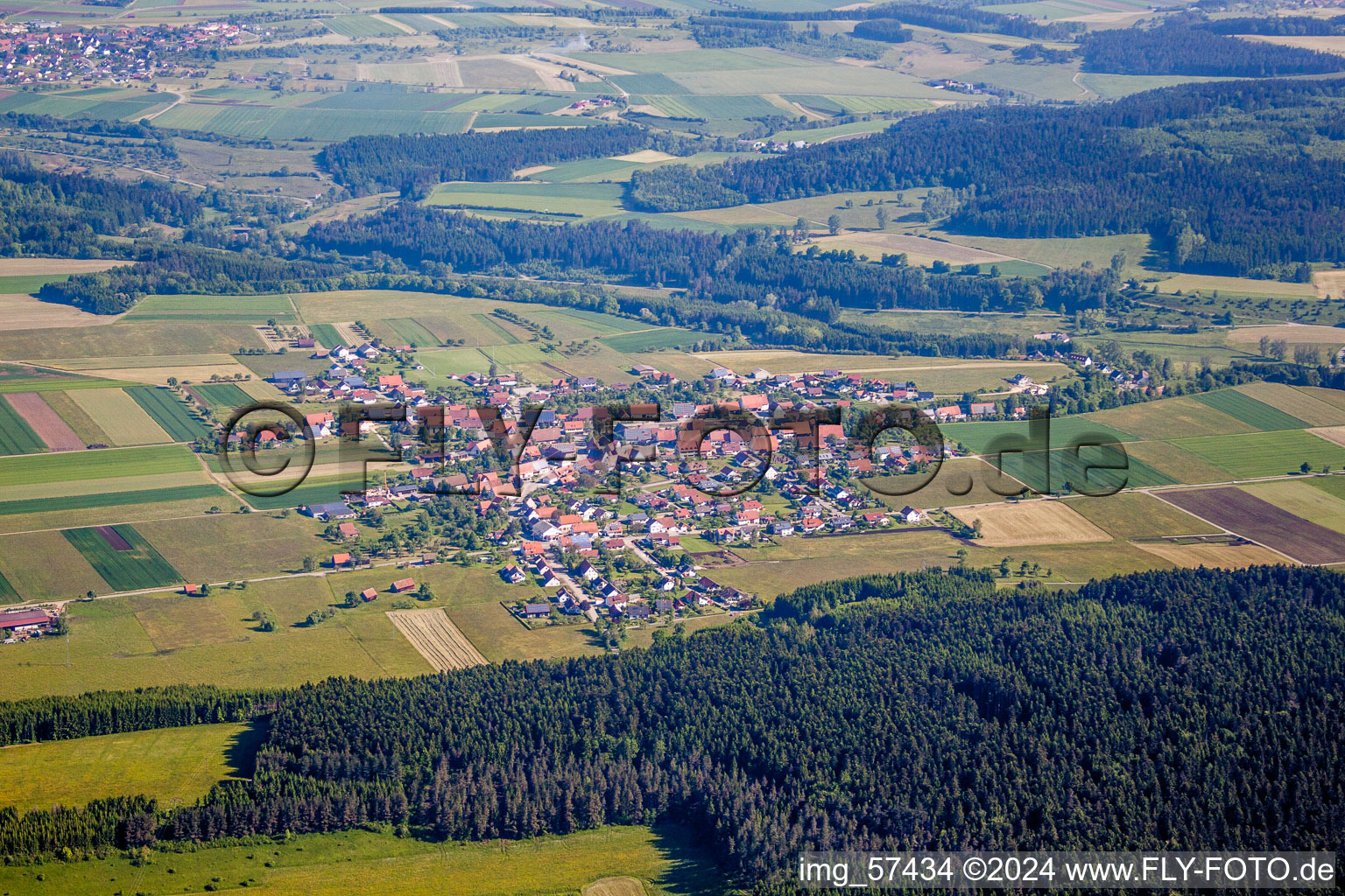 Village - view on the edge of agricultural fields and farmland in Taebingen in the state Baden-Wurttemberg, Germany