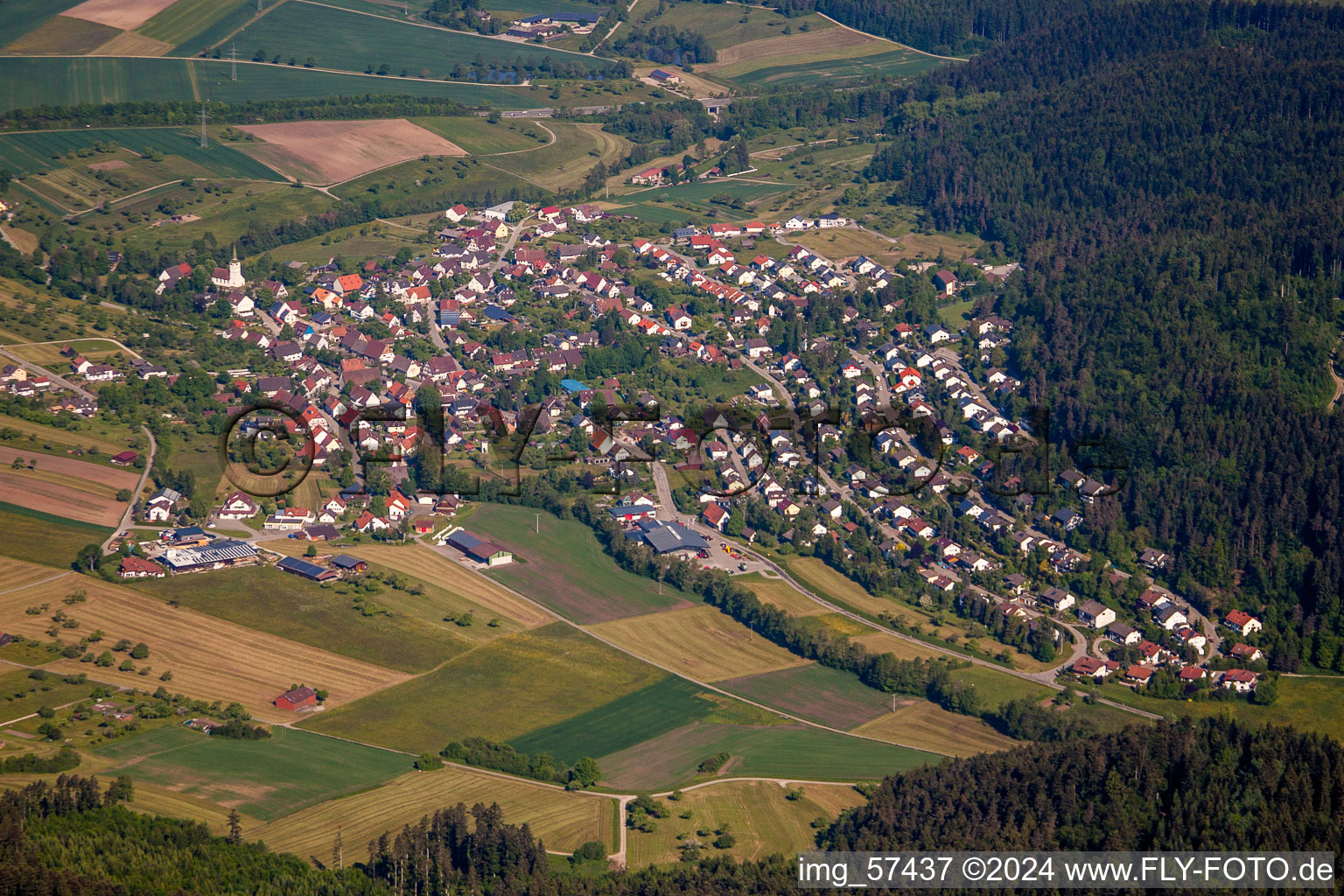 Aerial view of Village - view on the edge of agricultural fields and farmland in Trichtingen in the state Baden-Wurttemberg, Germany