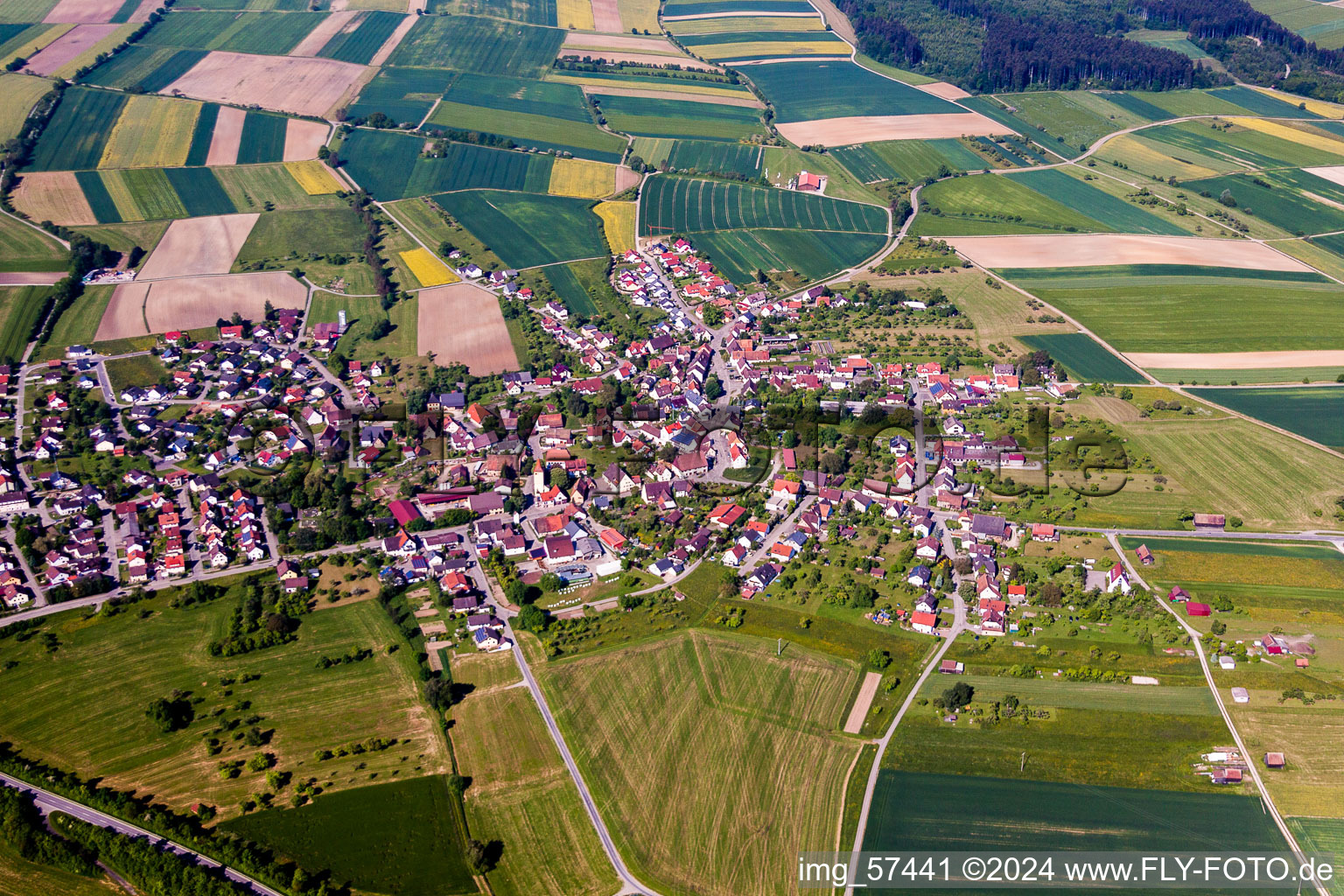 Village - view on the edge of agricultural fields and farmland in Wittershausen in the state Baden-Wurttemberg, Germany