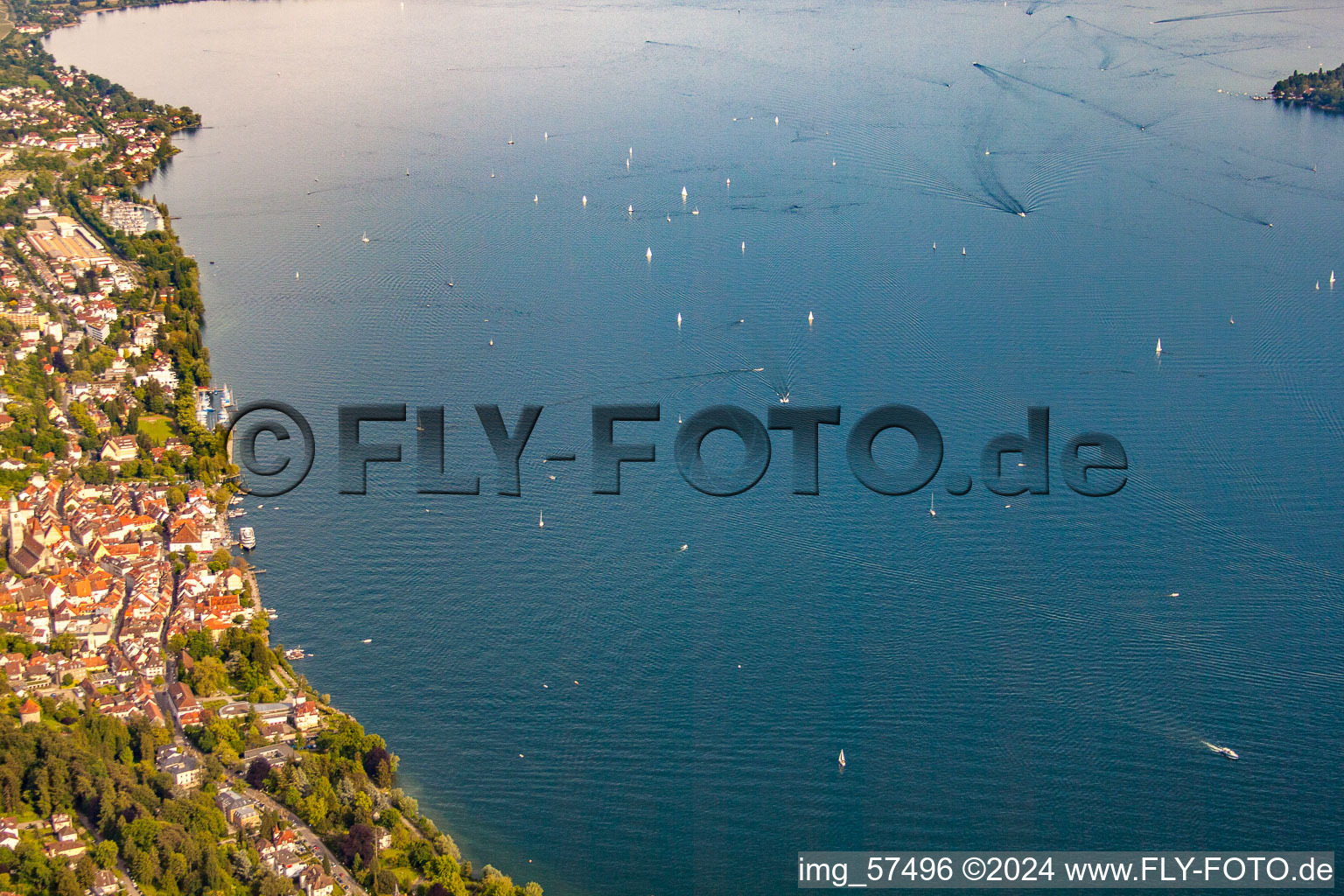 Lake Constance with sailing boats in Überlingen in the state Baden-Wuerttemberg, Germany