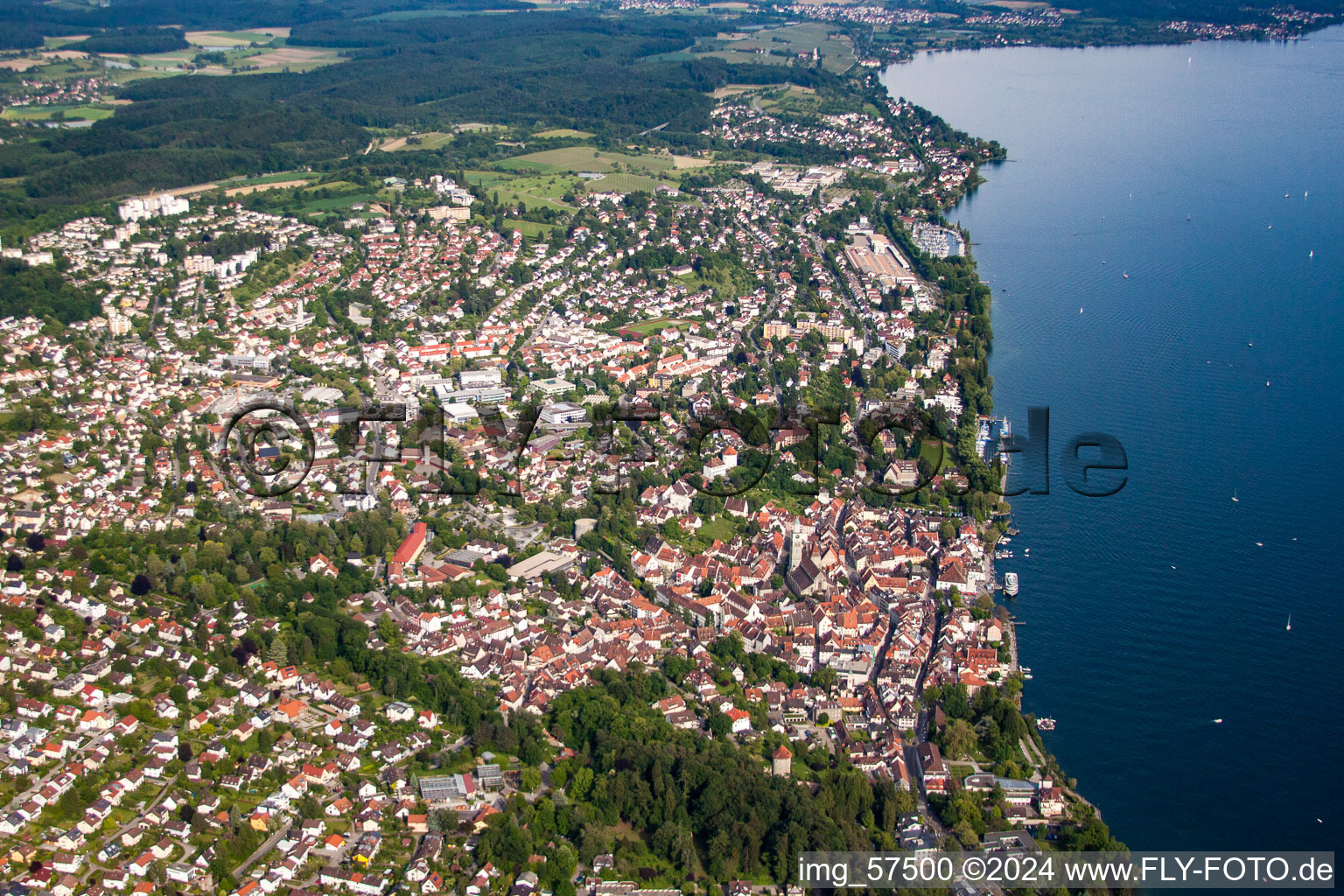 Aerial view of Riparian areas on the lake area of Lake Constance in Ueberlingen in the state Baden-Wurttemberg, Germany