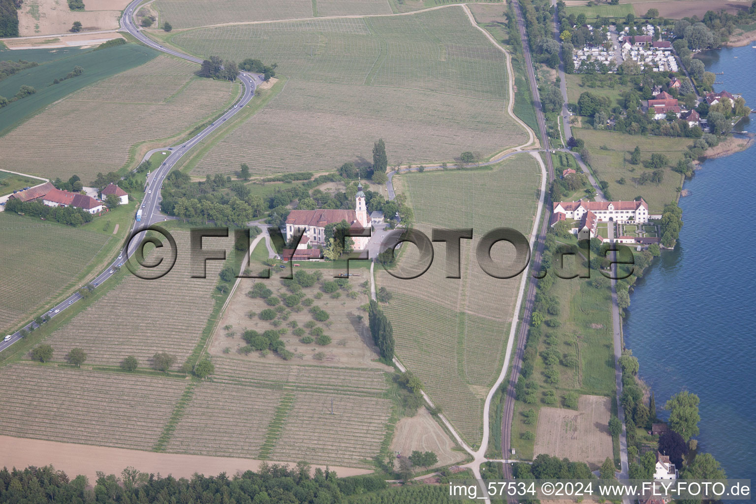 Aerial view of Castle of Schloss Bodensee-Schloss Maurach in Uhldingen-Muehlhofen in the state Baden-Wurttemberg