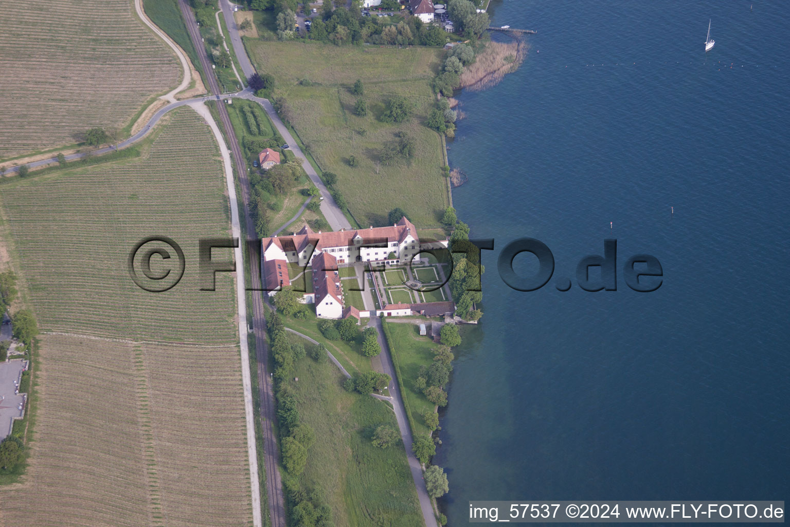 Oblique view of Castle of Schloss Bodensee-Schloss Maurach in Uhldingen-Muehlhofen in the state Baden-Wurttemberg