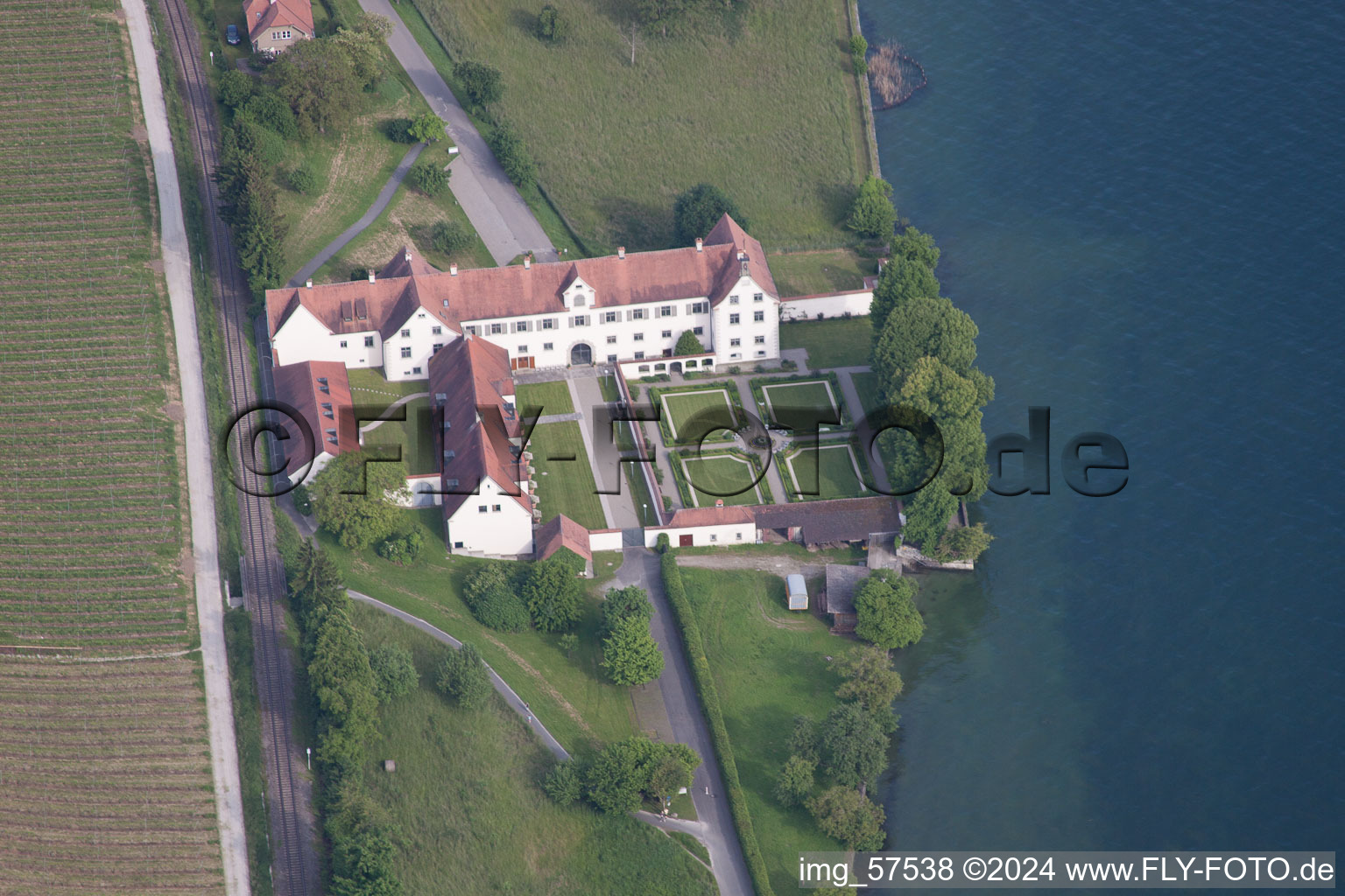 Castle of Schloss Bodensee-Schloss Maurach in Uhldingen-Muehlhofen in the state Baden-Wurttemberg from above