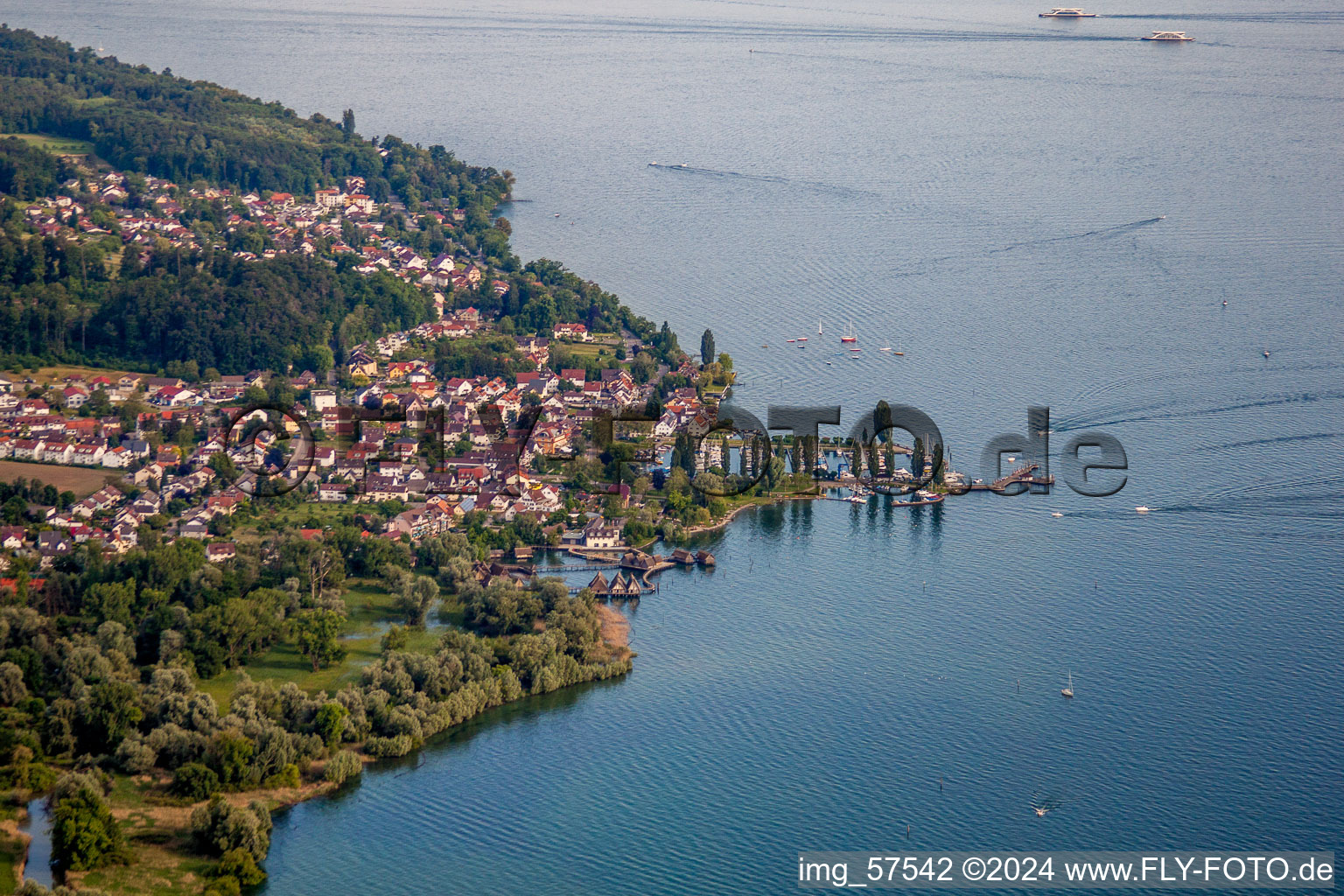 Aerial photograpy of Museum building ensemble Pfahlbauten Unteruhldingen in the lake of Constance in Uhldingen-Muehlhofen in the state Baden-Wurttemberg, Germany