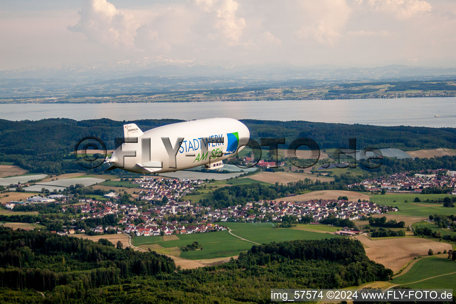 Airship Zeppelin NT in flight over the airspace in Uhldingen-Muehlhofen in the state Baden-Wurttemberg, Germany