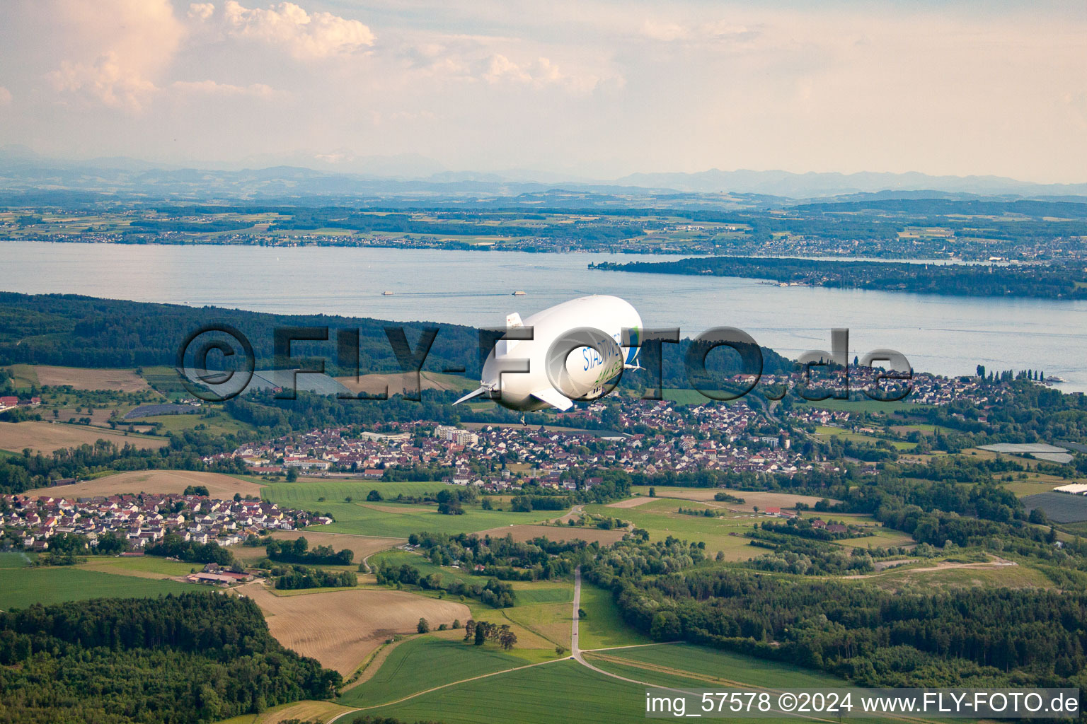 Aerial view of Uhdingen-Mühlhofen with Zeppelin NT in the district Unteruhldingen in Uhldingen-Mühlhofen in the state Baden-Wuerttemberg, Germany