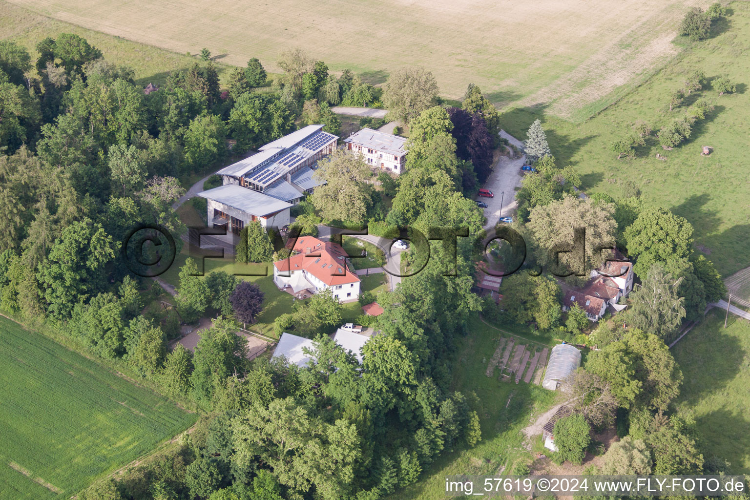 Aerial view of School building of the Camphill School community Bruckfelden in the district Bruckfelden in Frickingen in the state Baden-Wurttemberg, Germany