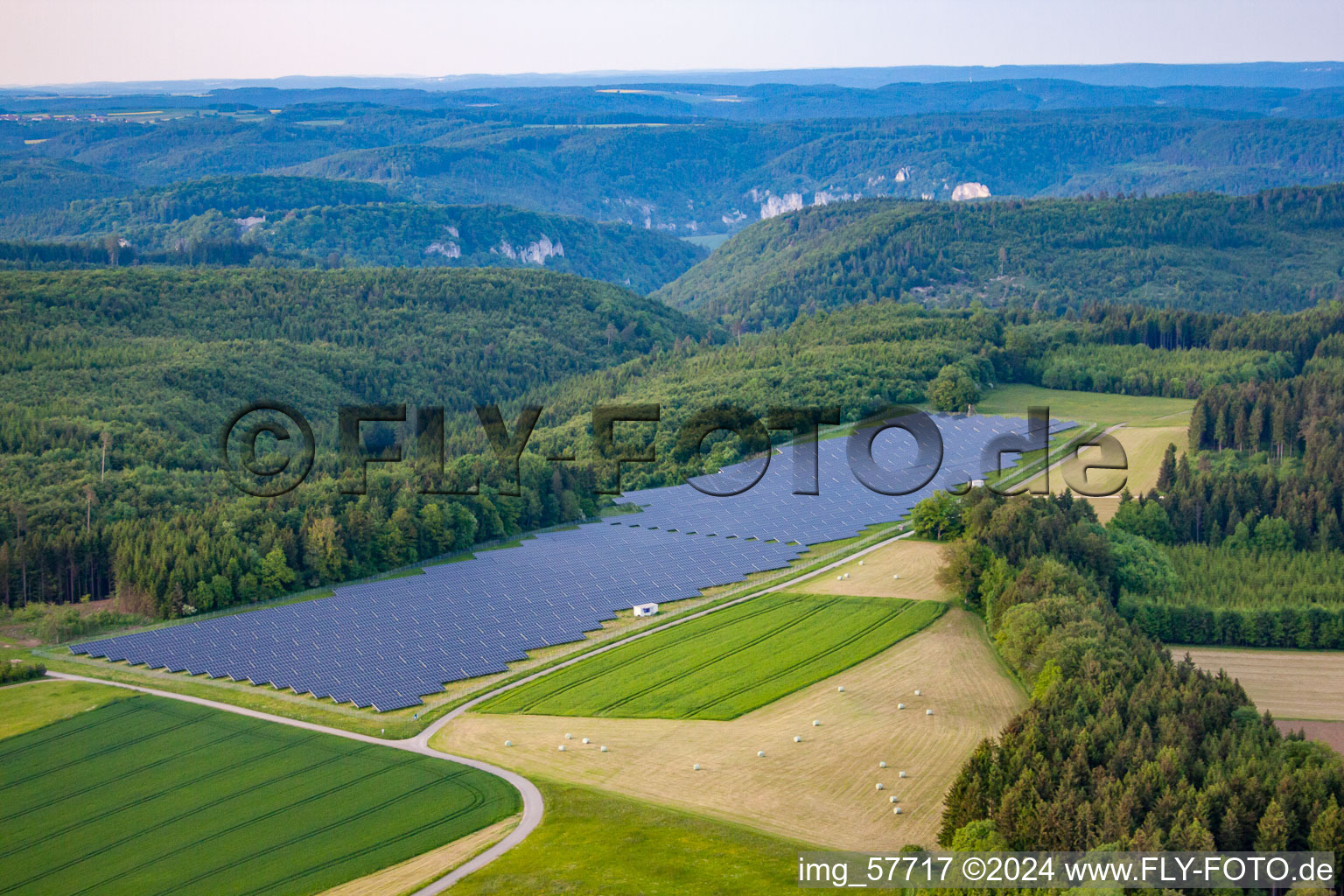 Large open-space PV system on the edge of the forest in the district Kreenheinstetten in Leibertingen in the state Baden-Wuerttemberg, Germany