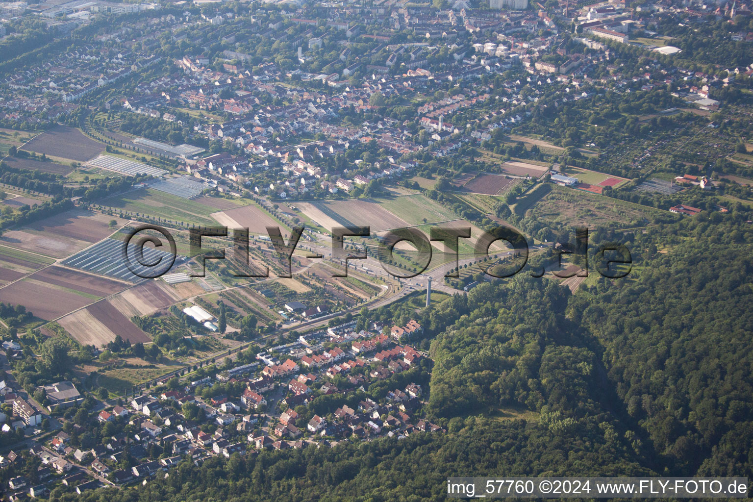 District Wolfartsweier in Karlsruhe in the state Baden-Wuerttemberg, Germany viewn from the air