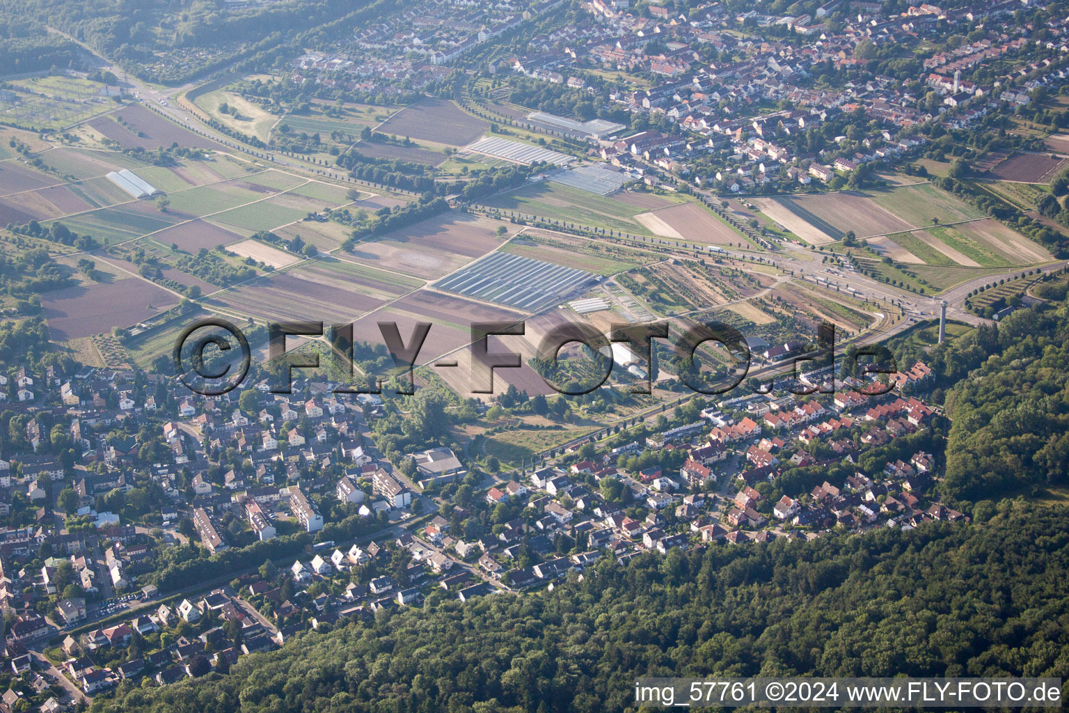 Drone recording of District Wolfartsweier in Karlsruhe in the state Baden-Wuerttemberg, Germany