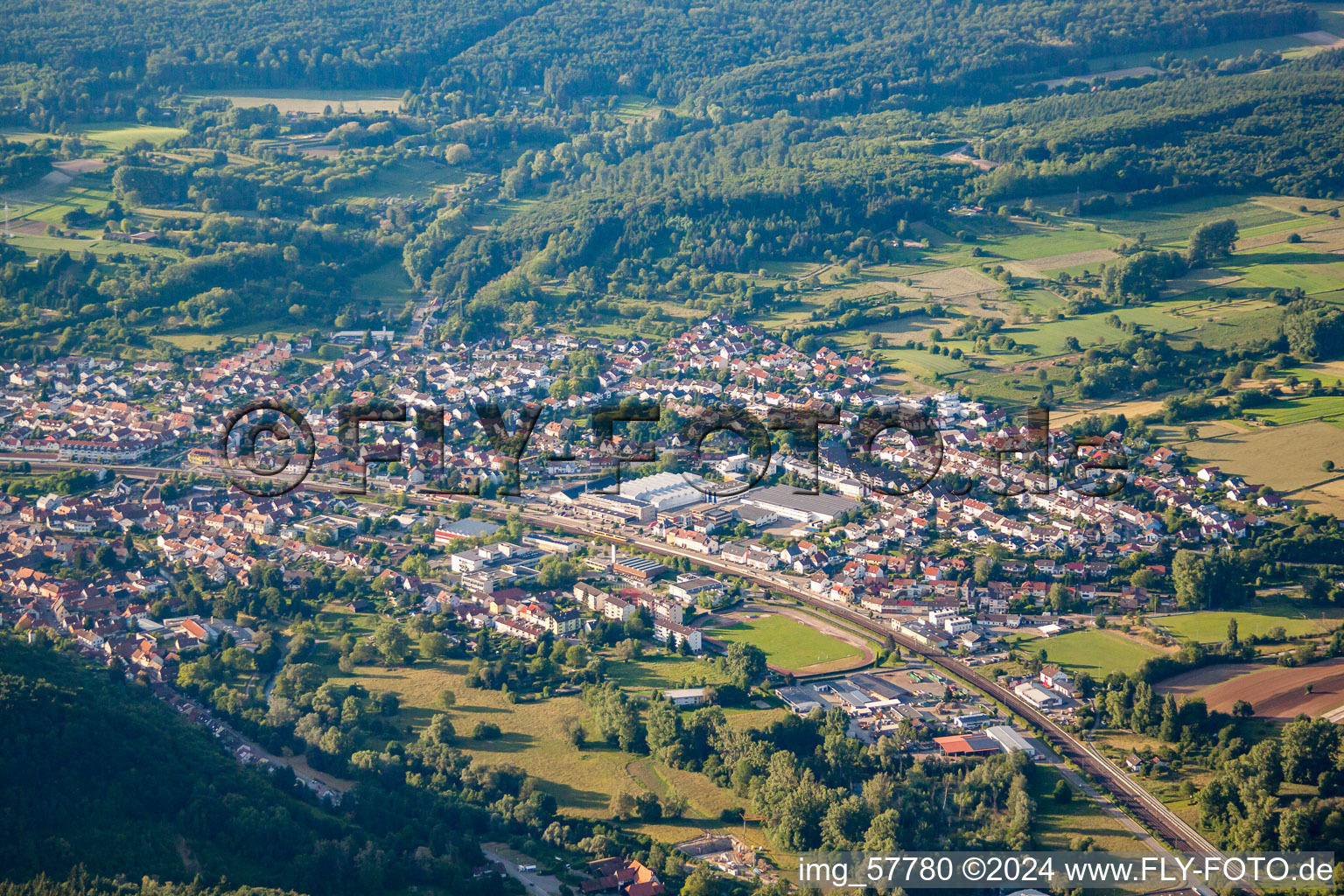 Aerial view of From the southeast in the district Berghausen in Pfinztal in the state Baden-Wuerttemberg, Germany