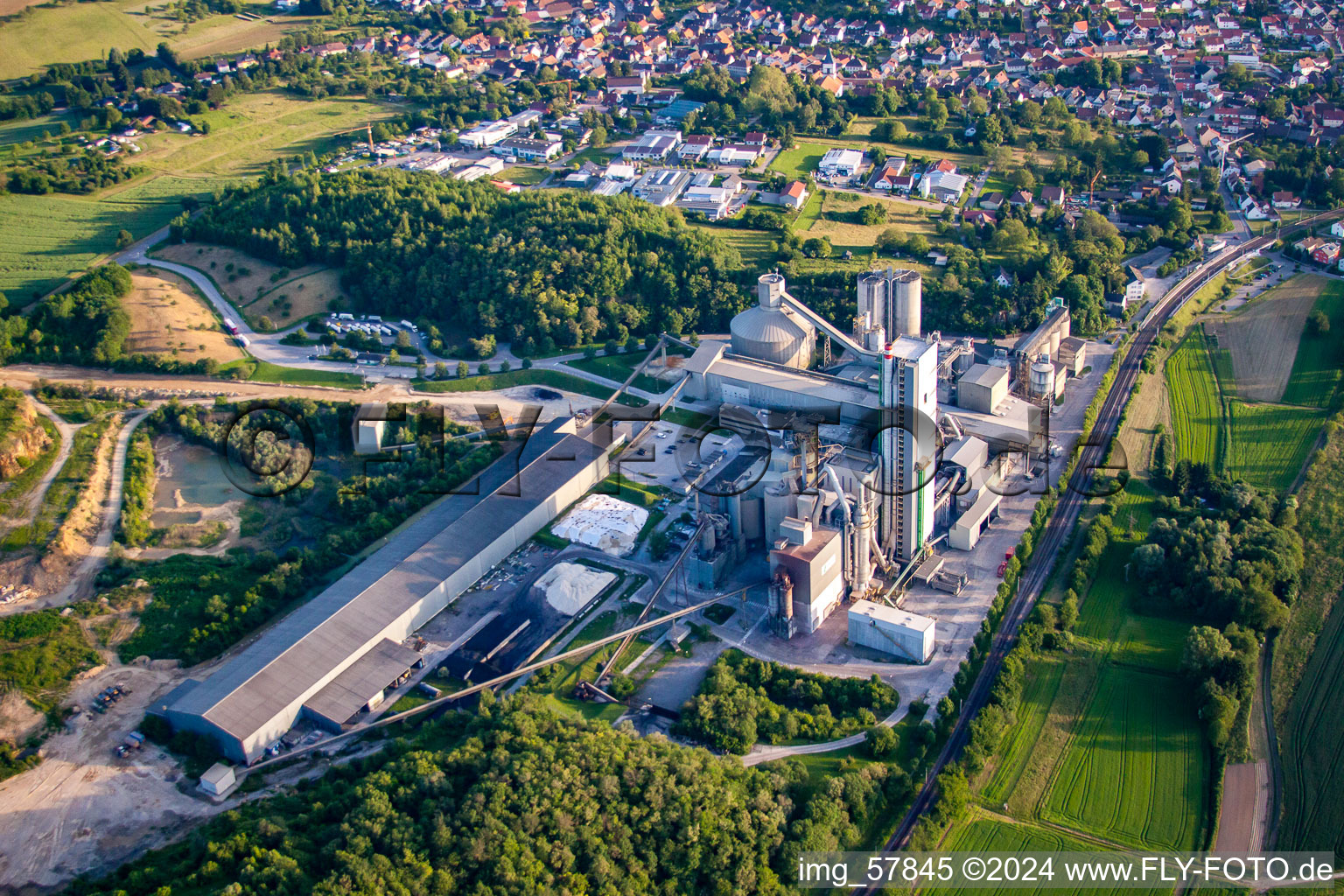 Aerial photograpy of Site and Terrain of overburden surfaces Cement opencast mining Steinbruch Walzbachtal in Walzbachtal in the state Baden-Wurttemberg, Germany