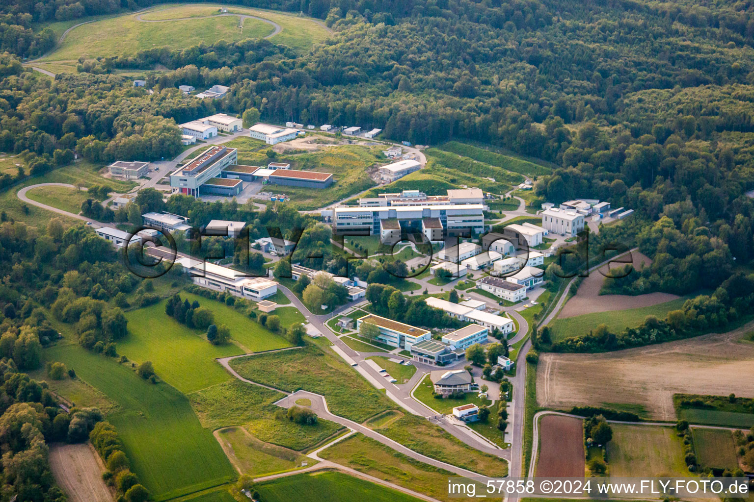 Oblique view of Fraunhofer Institute in the district Grötzingen in Karlsruhe in the state Baden-Wuerttemberg, Germany