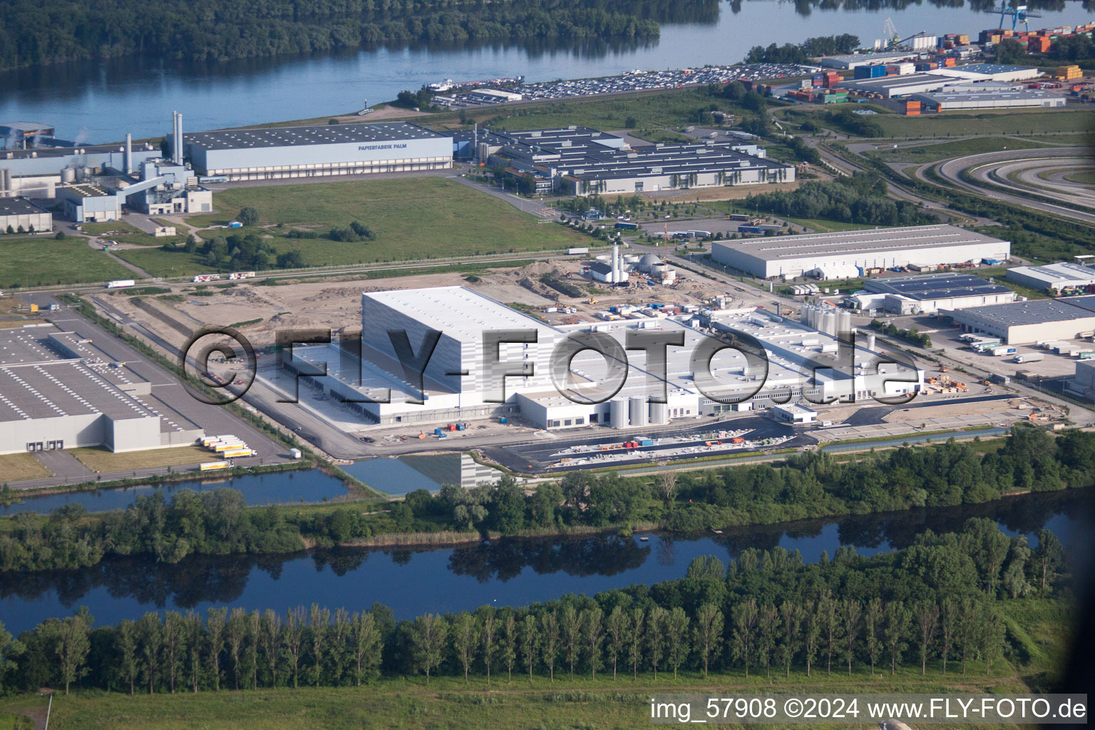 Drone recording of Oberwald industrial area in Wörth am Rhein in the state Rhineland-Palatinate, Germany