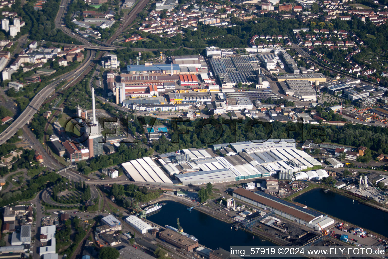 District Rheinhafen in Karlsruhe in the state Baden-Wuerttemberg, Germany seen from above