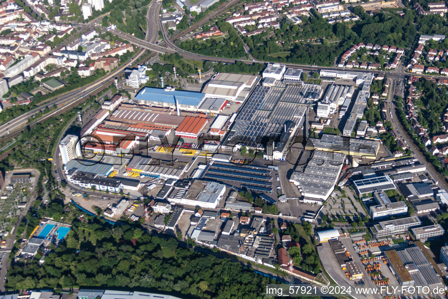 Bird's eye view of District Rheinhafen in Karlsruhe in the state Baden-Wuerttemberg, Germany