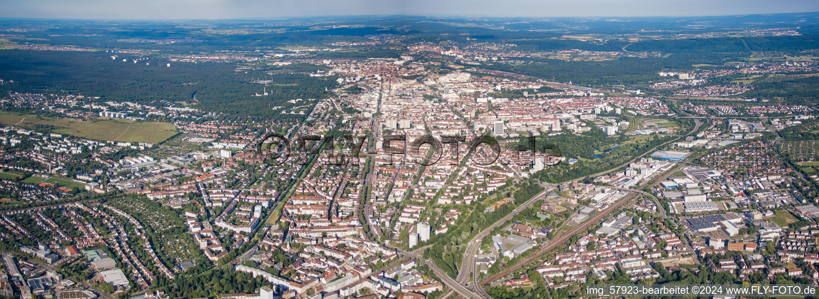 From the west in the district Mühlburg in Karlsruhe in the state Baden-Wuerttemberg, Germany