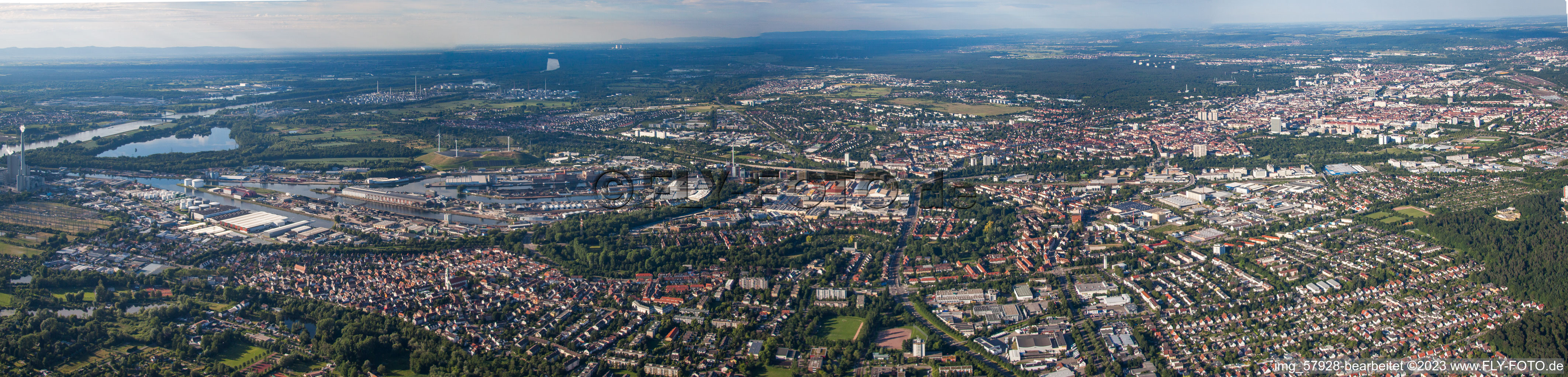 Aerial photograpy of From the southwest in the district Mühlburg in Karlsruhe in the state Baden-Wuerttemberg, Germany