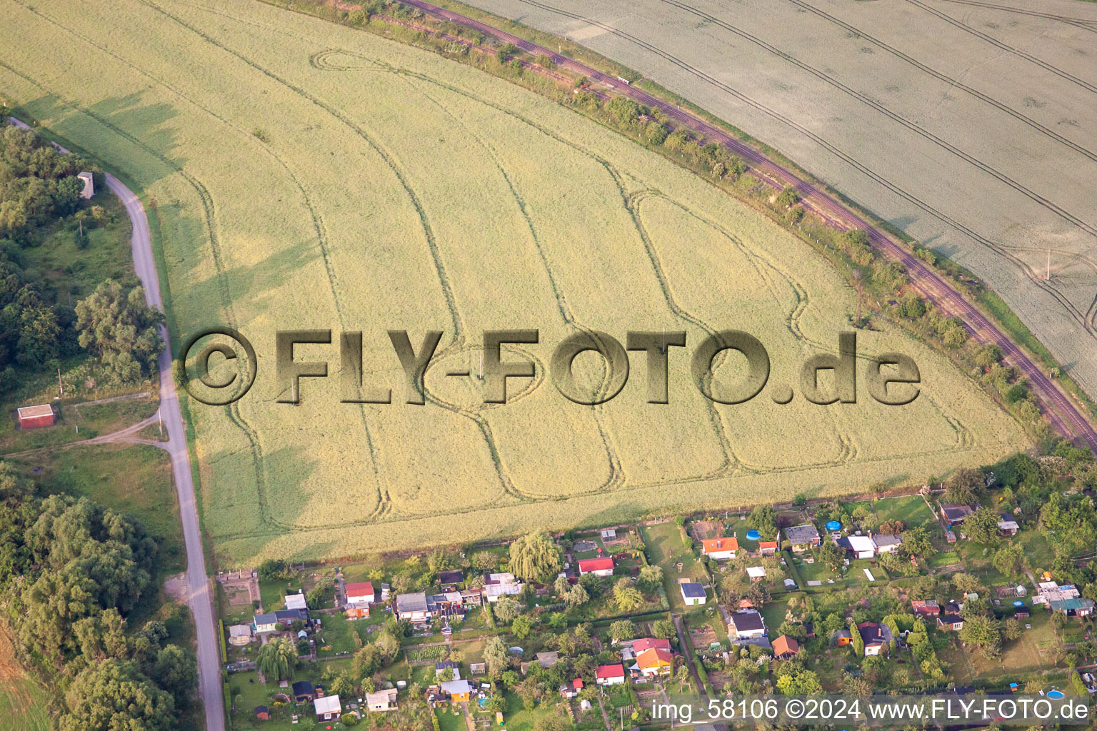 No crop circles but evasive tracks caused by power poles in the district Bad Suderode in Quedlinburg in the state Saxony-Anhalt, Germany