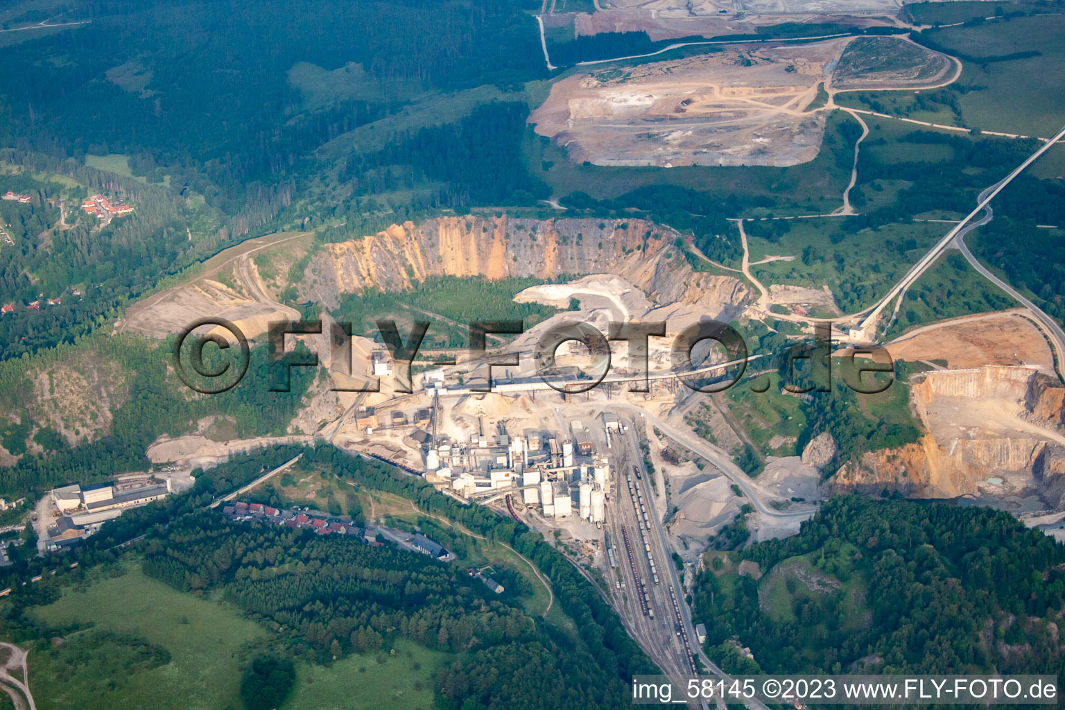 Aerial view of Site and Terrain of overburden surfaces Cement opencast mining Fels-Werke GmbH Kalkwerk Ruebeland in the district Ruebeland in Elbingerode (Harz) in the state Saxony-Anhalt, Germany