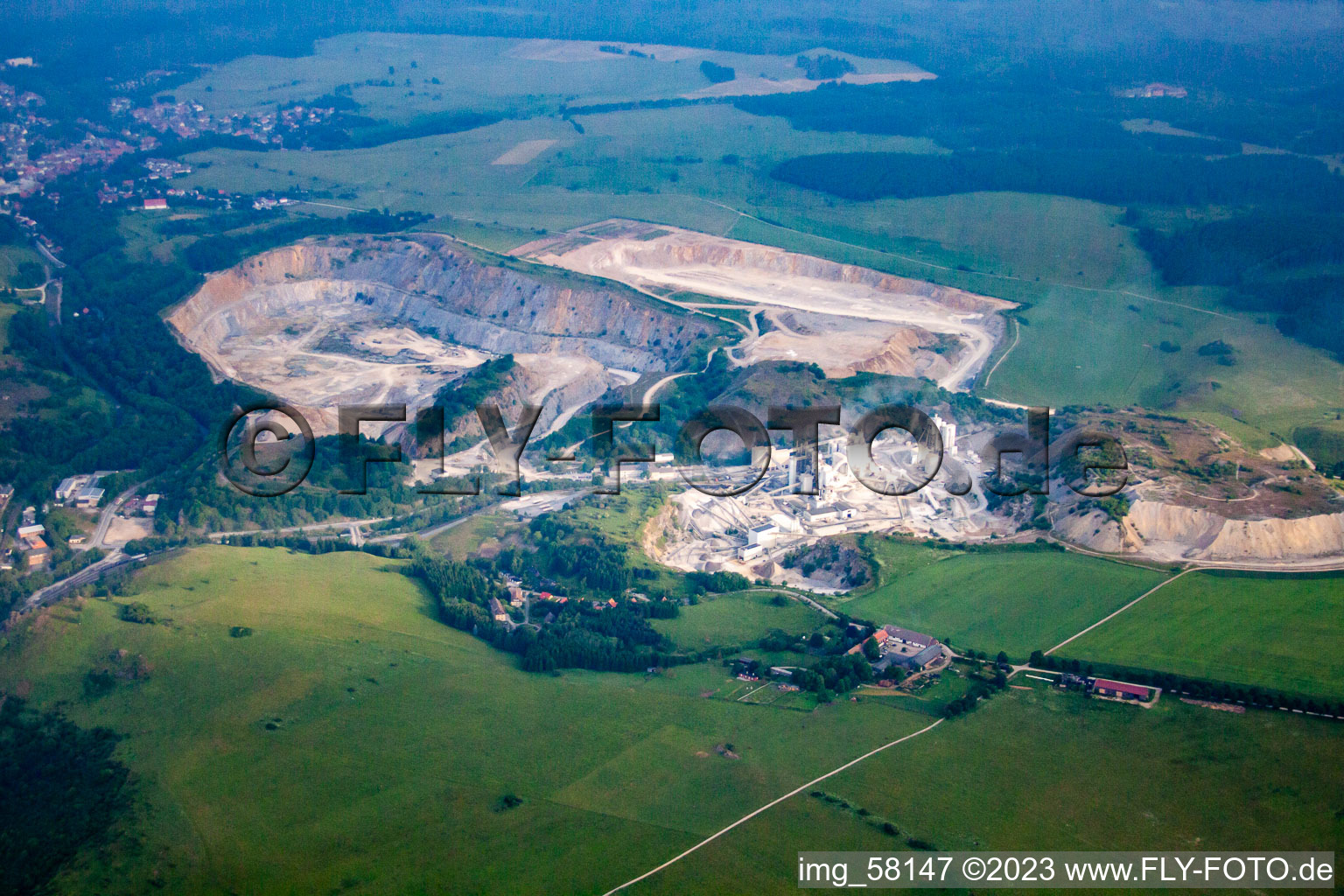 Aerial photograpy of Site and Terrain of overburden surfaces Cement opencast mining Fels-Werke GmbH Kalkwerk Ruebeland in the district Ruebeland in Elbingerode (Harz) in the state Saxony-Anhalt, Germany