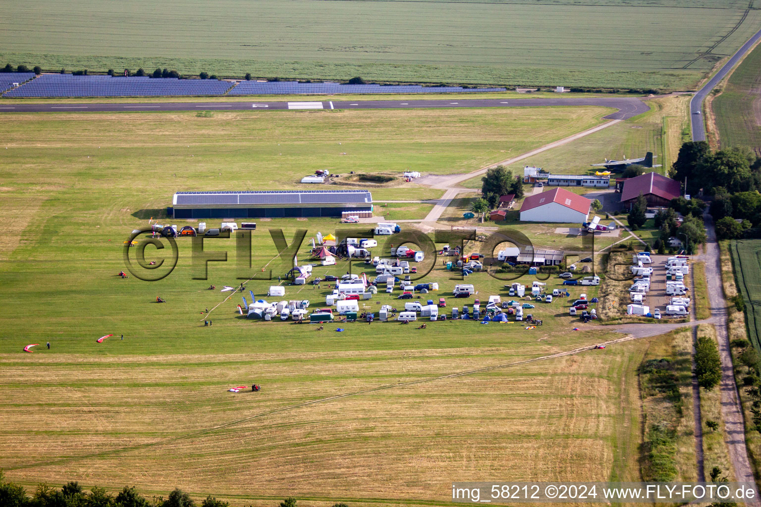 Aerial view of Paramotors at the airfield Ballenstedt in the district Asmusstedt in Ballenstedt in the state Saxony-Anhalt, Germany