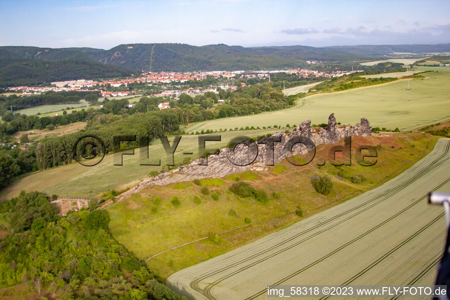 Aerial view of Felwall counterstones at Weddersleben in the district Weddersleben in Thale in the state Saxony-Anhalt, Germany
