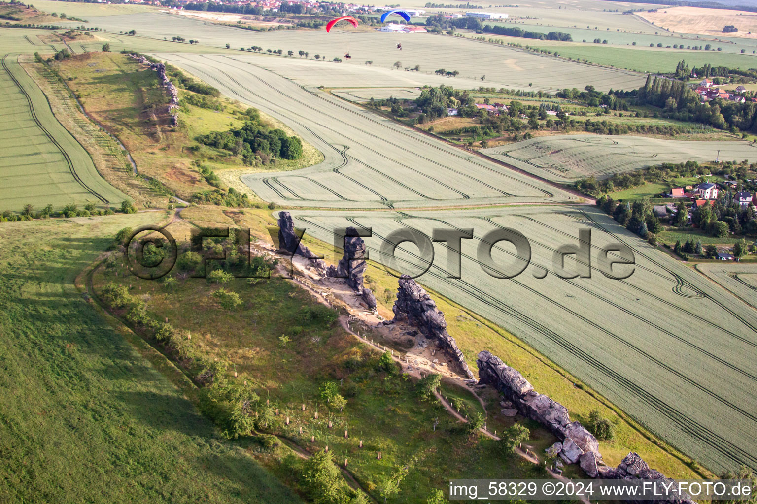 Structures on agricultural fields at the rock formation Devil's Wall in the district Weddersleben in Thale in the state Saxony-Anhalt