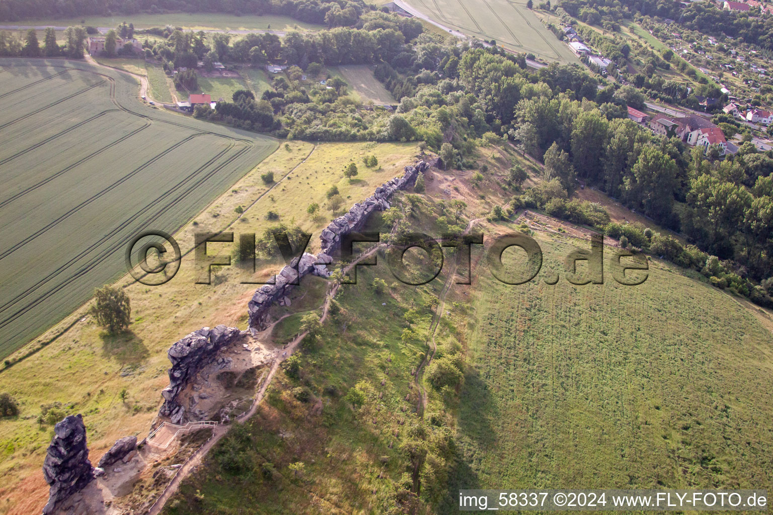 Devil's Wall Counterstones at Weddersleben in the district Weddersleben in Thale in the state Saxony-Anhalt, Germany viewn from the air