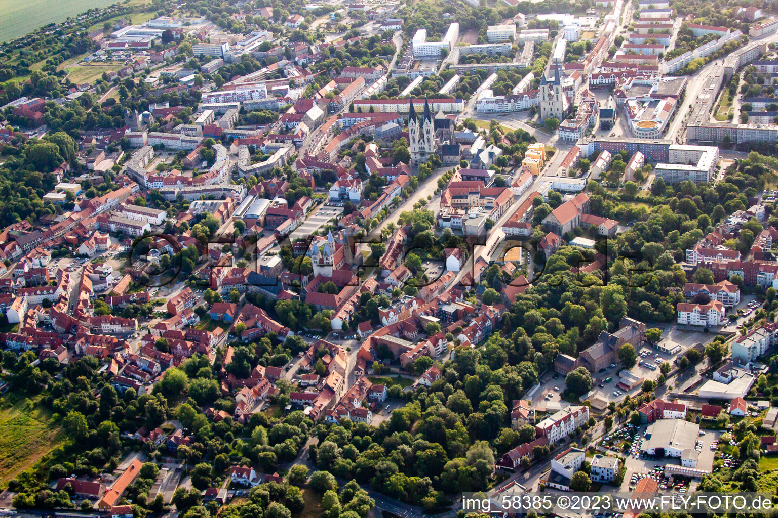 Aerial view of Cathedral Square in Halberstadt in the state Saxony-Anhalt, Germany